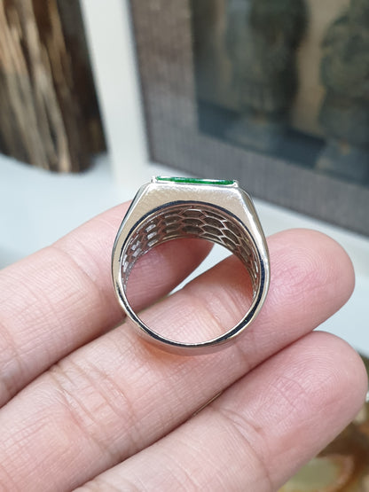 Green Jade Signet Style Ring | Type A Natural Jadeite | Sterling Silver