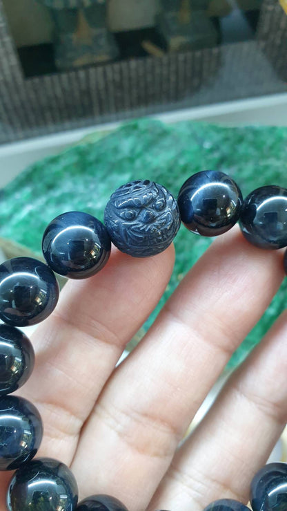 Hawk Eye Prosperity Bracelet with Cai Shen Ye Charm, 17 cm - Natural Stones