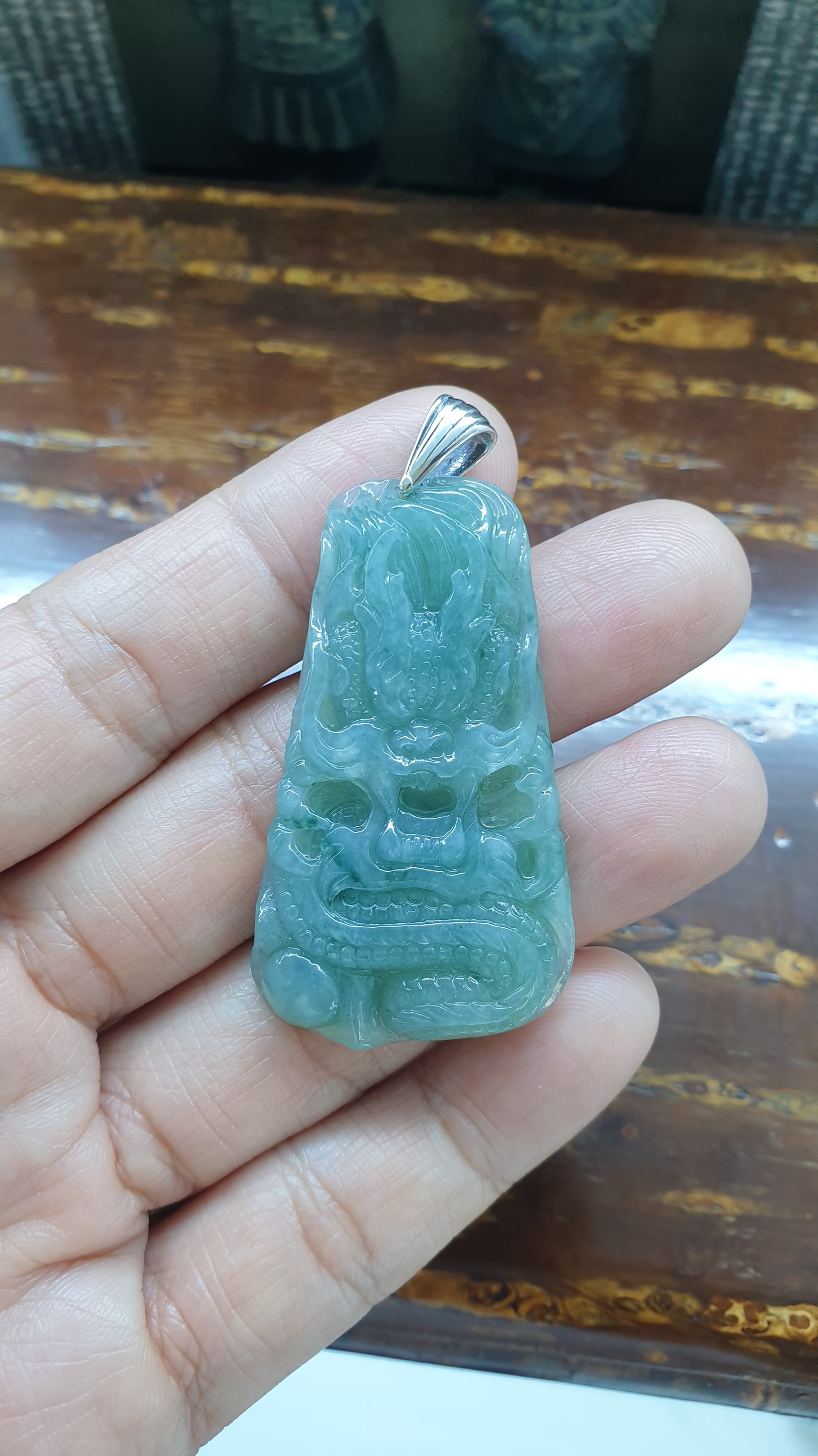 Blue Jade Dragon Pendant Sterling Silver Natural Jadeite Guatemala Origin