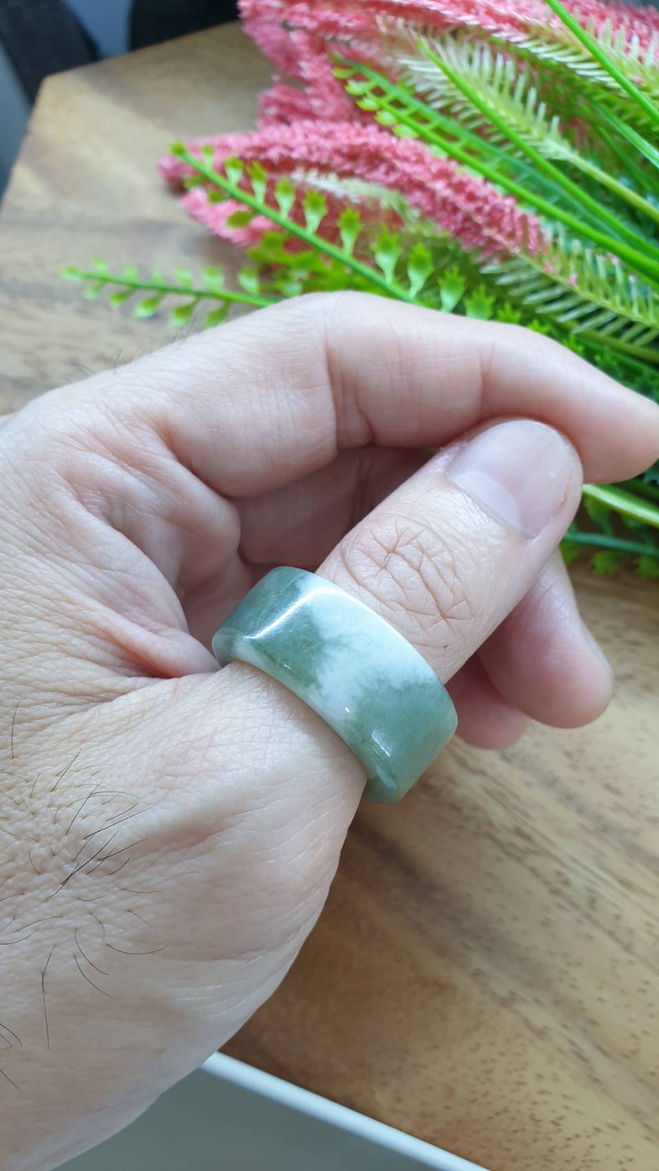 Marbled Green Jade Archers Ring 12.25US 12.75US Fei Cui Type A Natural Myanmar Jadeite