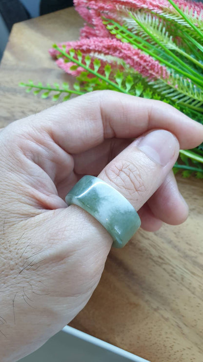 Marbled Green Jade Archers Ring 12.25US 12.75US Fei Cui Type A Natural Myanmar Jadeite