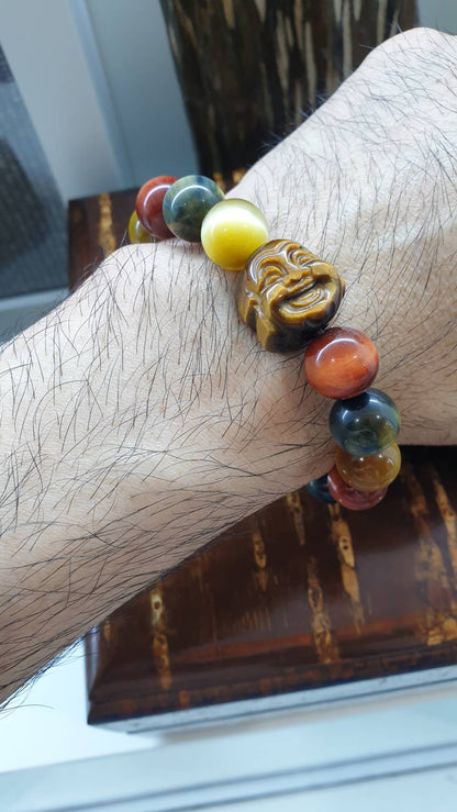 Tiger Eye Happy Buddha Prosperity Bracelets 17cm - Natural Stone Beads
