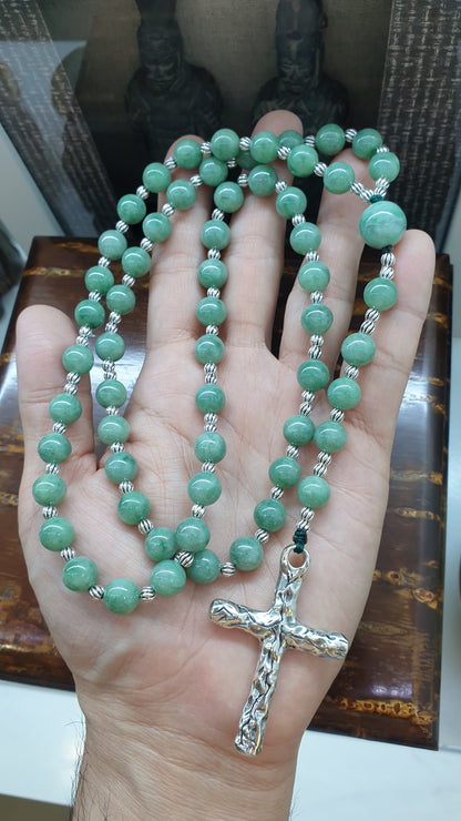 Green Jade Beads Rosary Necklace (33 inch) |Type A Natural Jadeite + Sterling Silver | Collector's Material