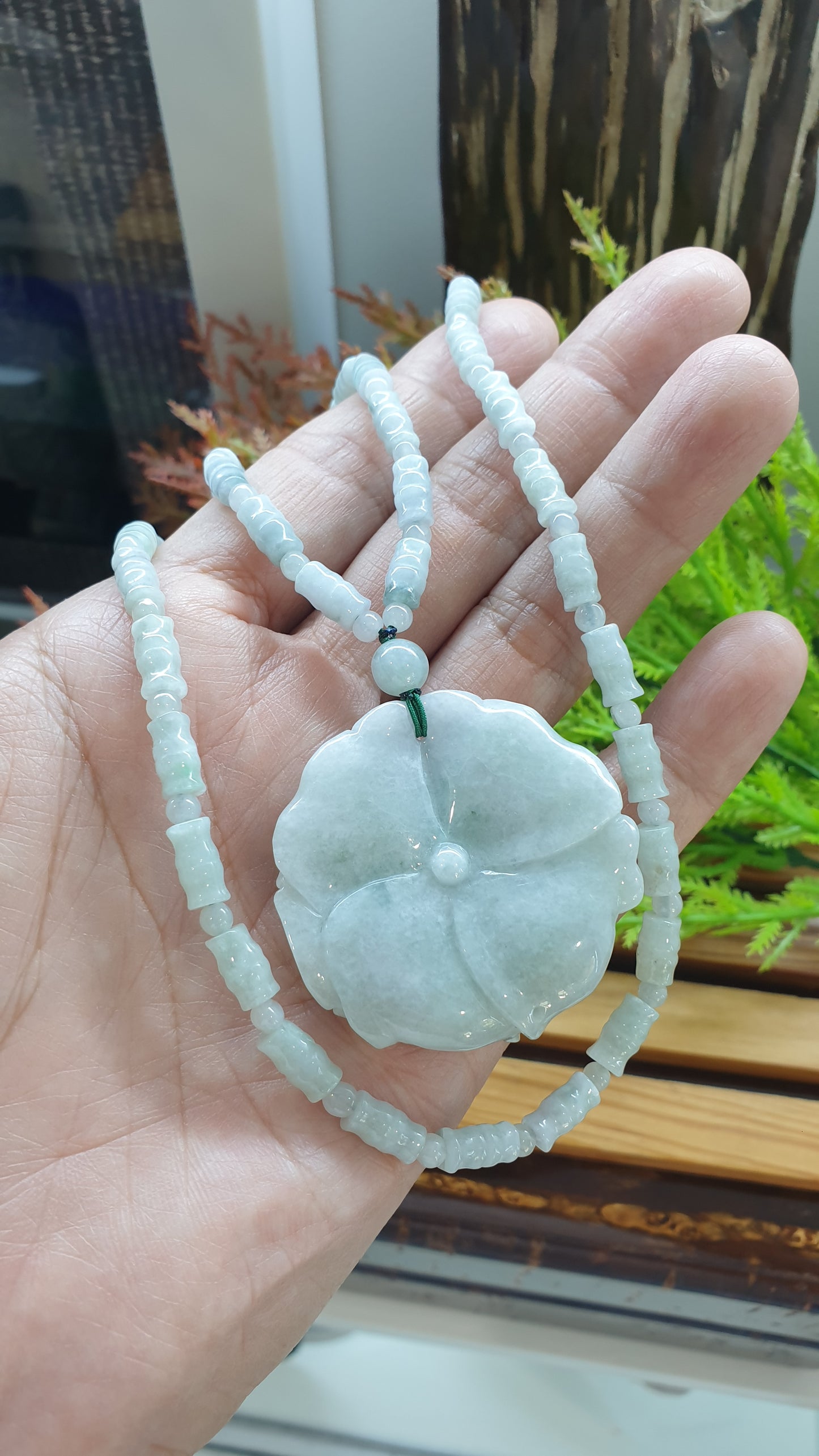 Peony and Bamboo Beads White Jade Necklace 26inch Type A Myanmar Jadeite