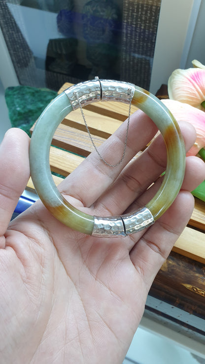 Hok Lok Siew Jade Cylindrical Split Bangle S61 Natural Myanmar Jadeite Sterling Silver