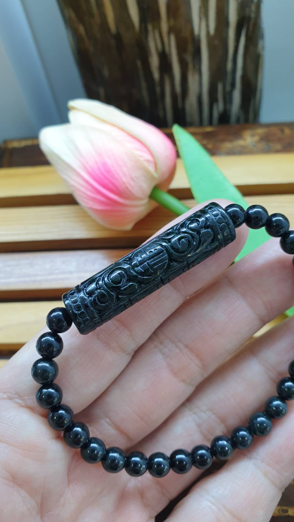 Black Jade Bracelet with Ru Yi Charm 17 cm | Type A Natural Burma Jadeite