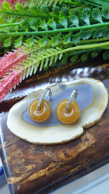 Honey Orange Jade Ping An Kou Sterling Silver Hoop Earrings Type A Natural Jadeite