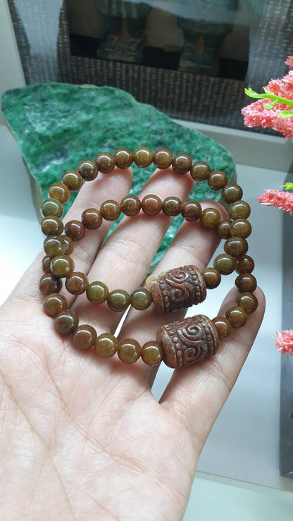 Brown Jade Wish Fulfilling Bracelet 17cm Ru Yi Cylinder Charm Natural Jadeite Vintage Beads