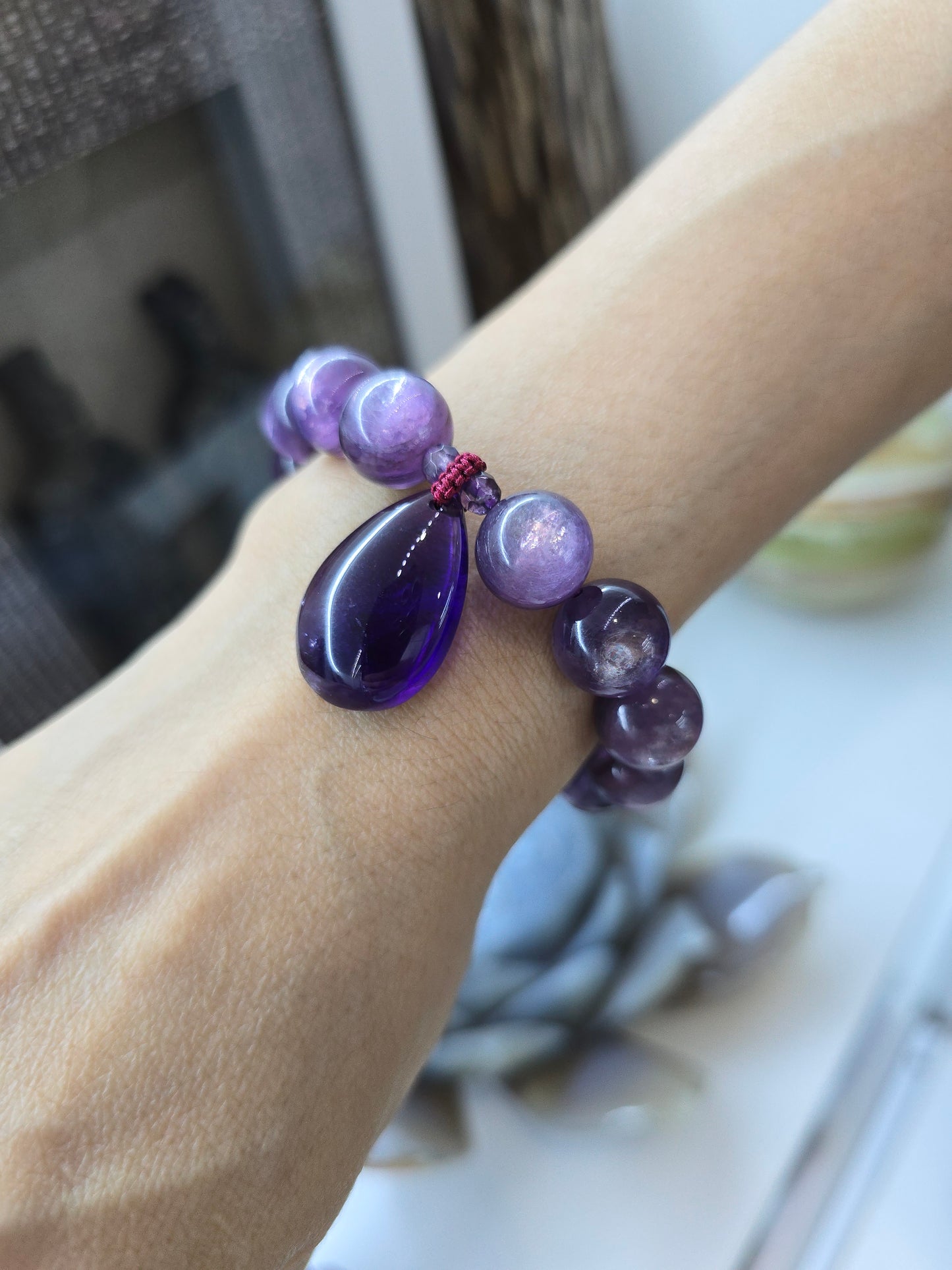 Lepidolite Charm Bracelet | Amethyst Pendant Charm | Natural Stone Wrist Candy For Her
