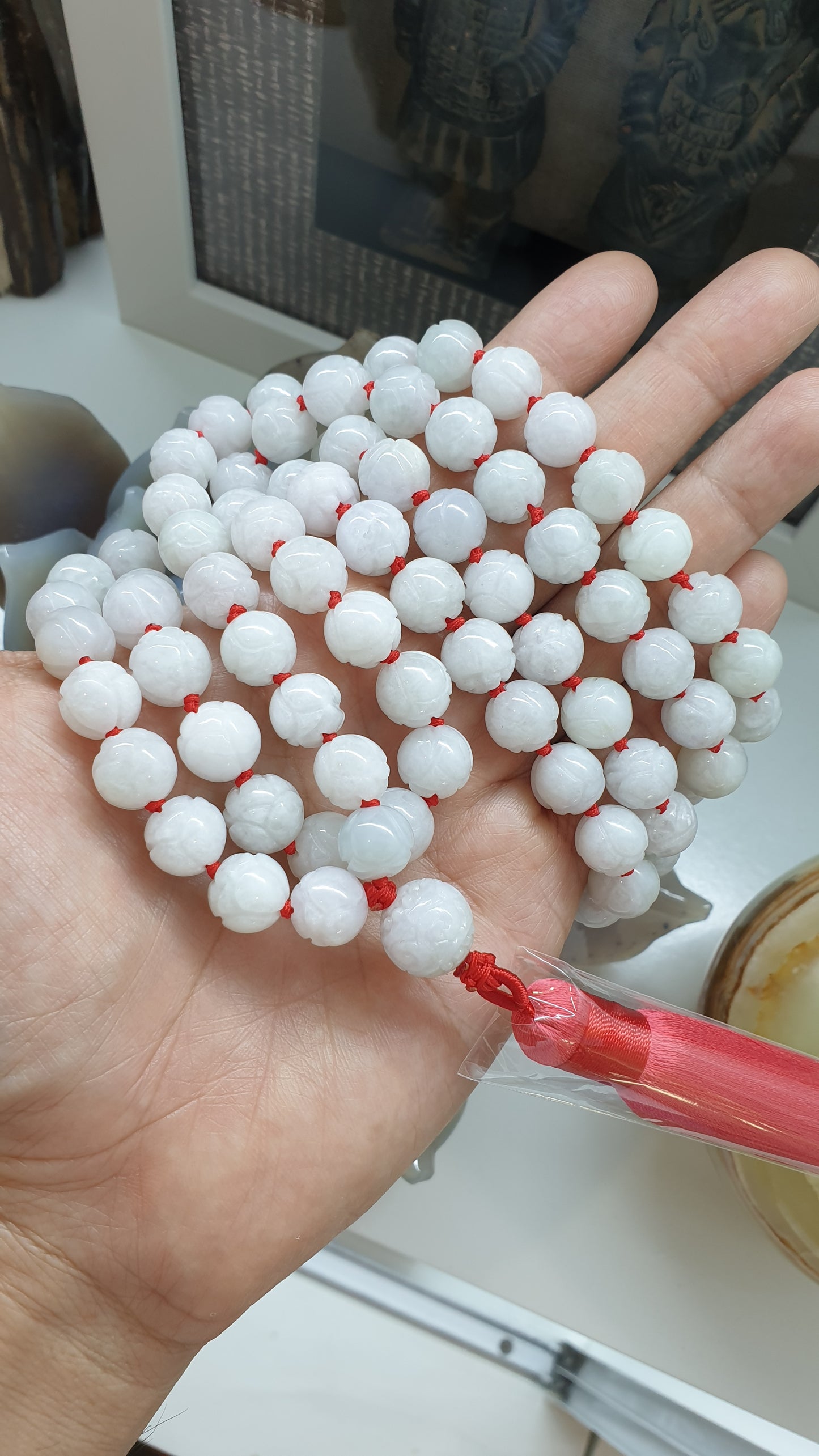 108 Beads Japa Mala - White Jade Lotus  Beads | Type A Natural Jadeite | Handcrafted Meditation Beads