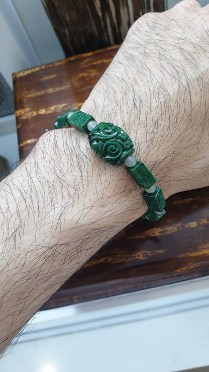Type A Natural Green Jadeite Ru Yi Bracelet 17cm with Rectangular Beads