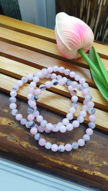 Natural Pink Opal Bracelets 17 cm - Dendritic Gemstone Beads 6.5 mm