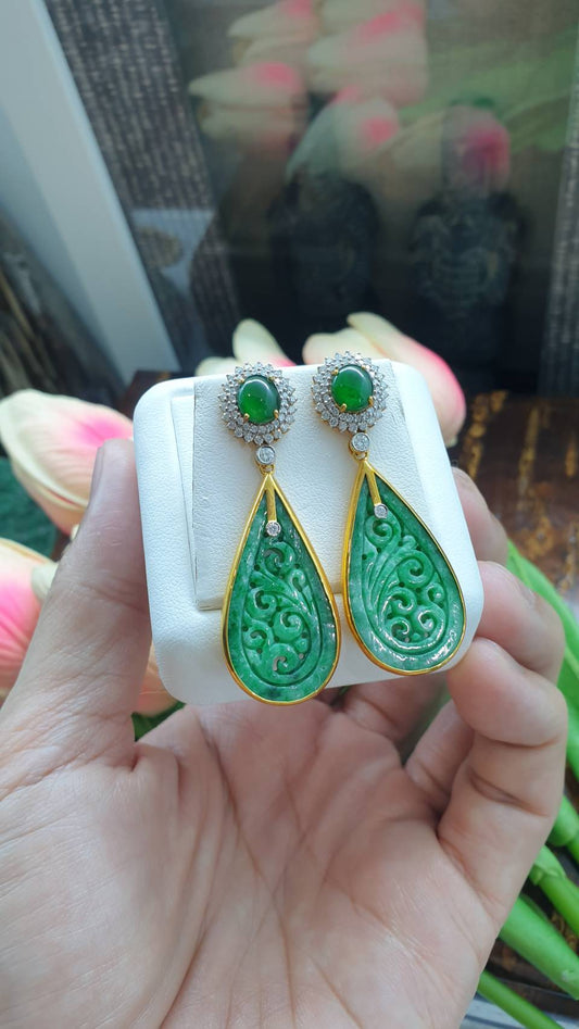 Ru Yi Jade Drop Earrings | Solid 18K Gold + Diamonds | Type A Natural Green Jadeite