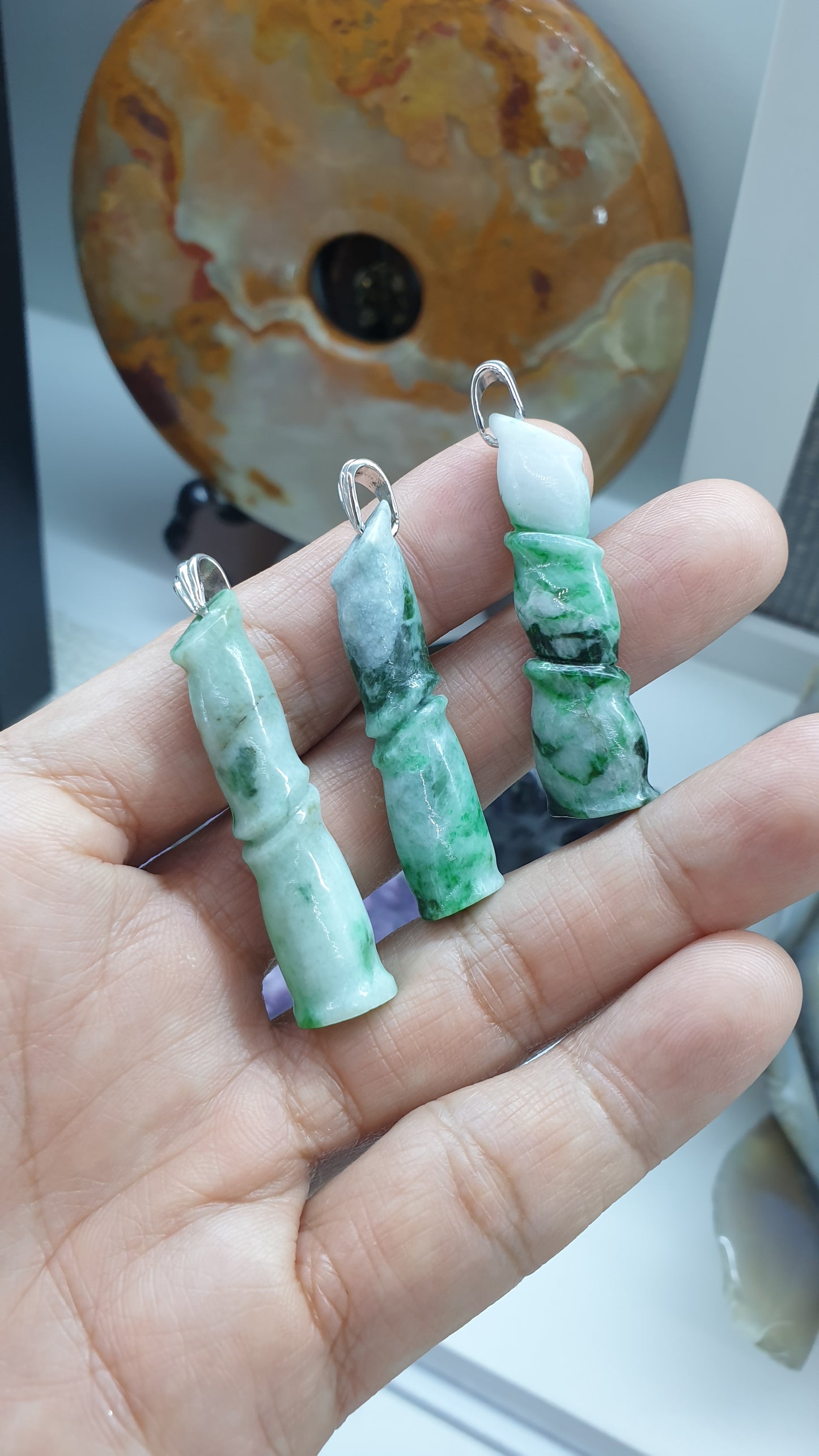 Jade Bamboo Cylinder Pendant Type A Natural Jadeite Sterling Silver S925