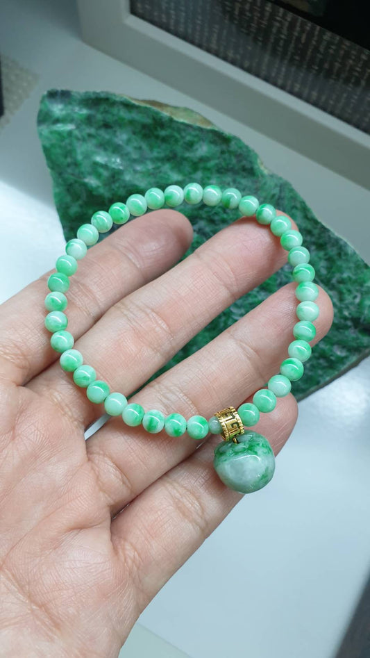 9K Solid Gold Moss in Snow Jade Apple Charm Bracelet 17cm Fei Cui Type A Jadeite