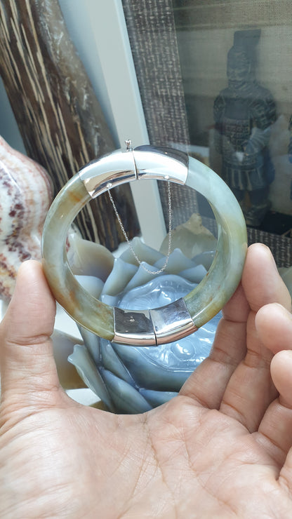 Hok Lok Siew Jade Split Bangle (S 63) | Sterling Silver | Authentic Fei Cui Jade | Eye Candy Wrist Accessory for Him or Her