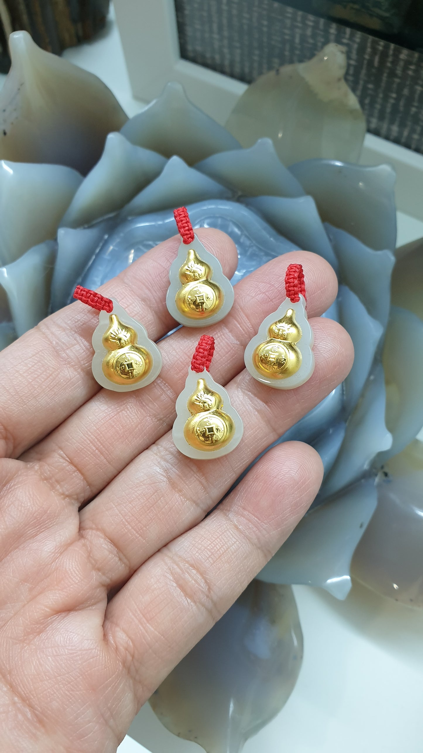 24K Gold Hulu Gourd Pendant |(4D Printed / Coated) | Natural Hetian Jade | Lucky Red Thread
