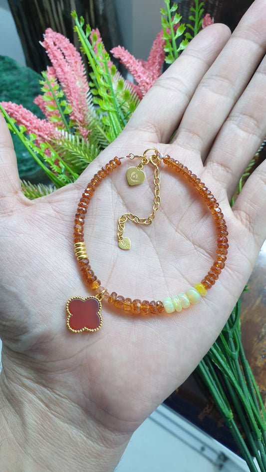 Honey Sapphire Extension Bracelet with 4-Leaf Clover Charm | 24K, 18K & 9K Gold | Natural Semiprecious Stones