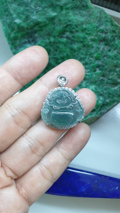 Happy Buddha on Silver Pendant Smoky Blue Jade Type A Natural Jadeite
