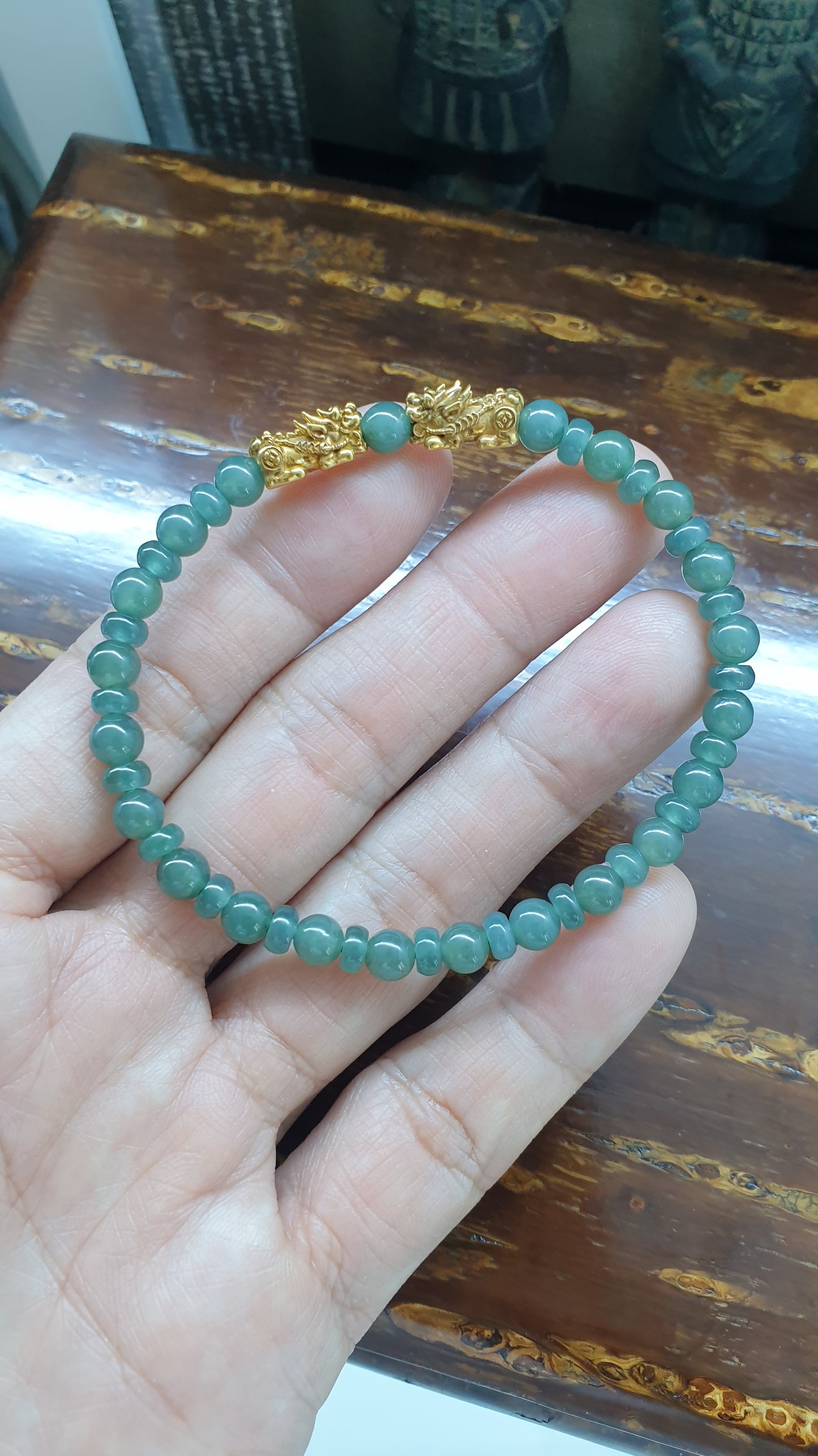 Fortune Dragon Wealth Bracelets | Solid 9K Gold Pixiu | Fei Cui - Type A Jadeite Beads