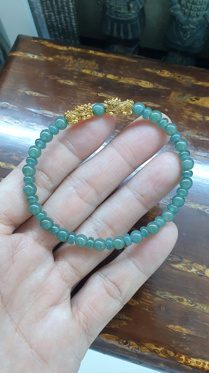 Fortune Dragon Wealth Bracelets | Solid 9K Gold Pixiu | Fei Cui - Type A Jadeite Beads