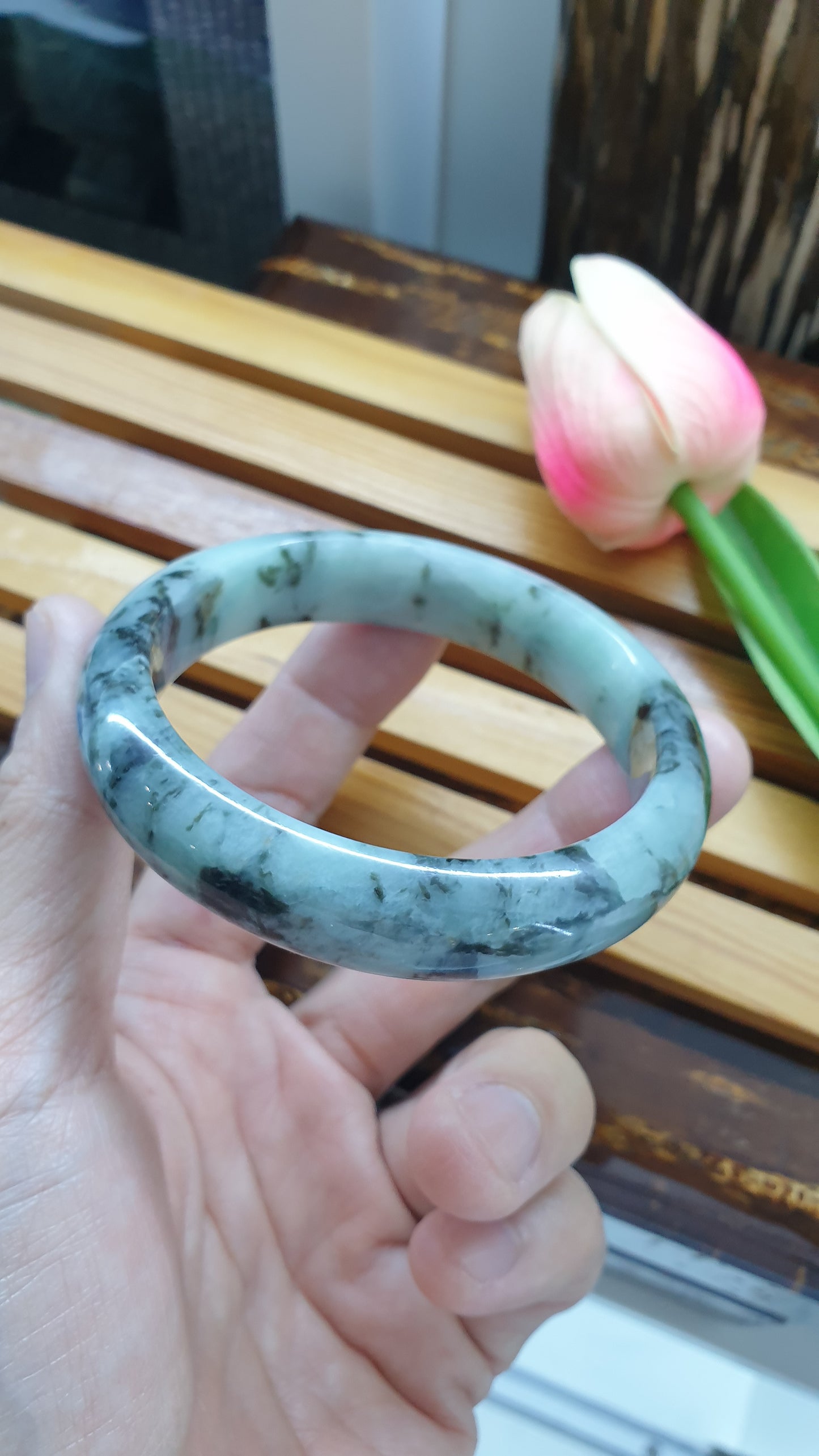 Natural Jade Bangles S59 Black Moss Blue Type A Jadeite