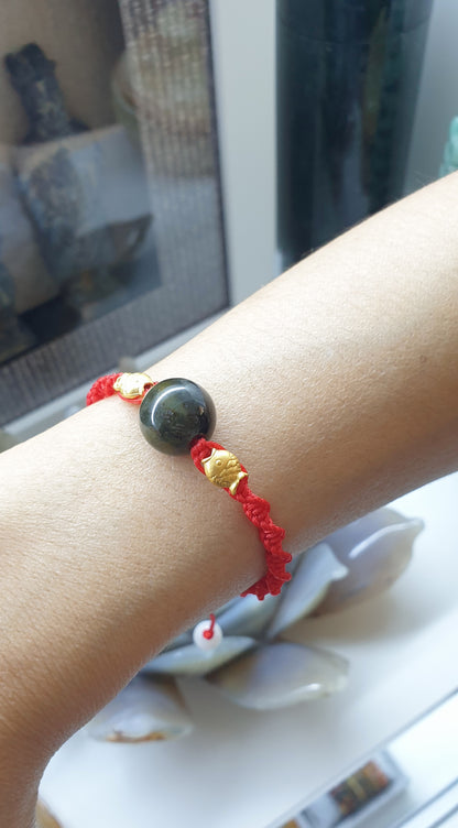 Jade & Koi Fish Red Thread Bracelet (Adjustable) | Pure 24K Gold | Fei Cui - Type A Jadeite
