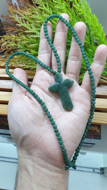 Green Jade Cross Handcrafted Necklace 24inch Fei Cui Type A Natural Jadeite