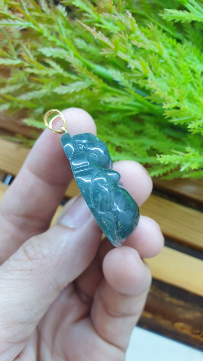 14K Solid Gold Jade Budai Prosperity Pendant Type A Natural Blue Jadeite