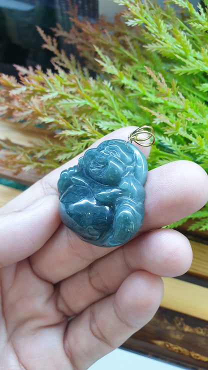 14K Solid Gold Jade Budai Prosperity Pendant Type A Natural Blue Jadeite