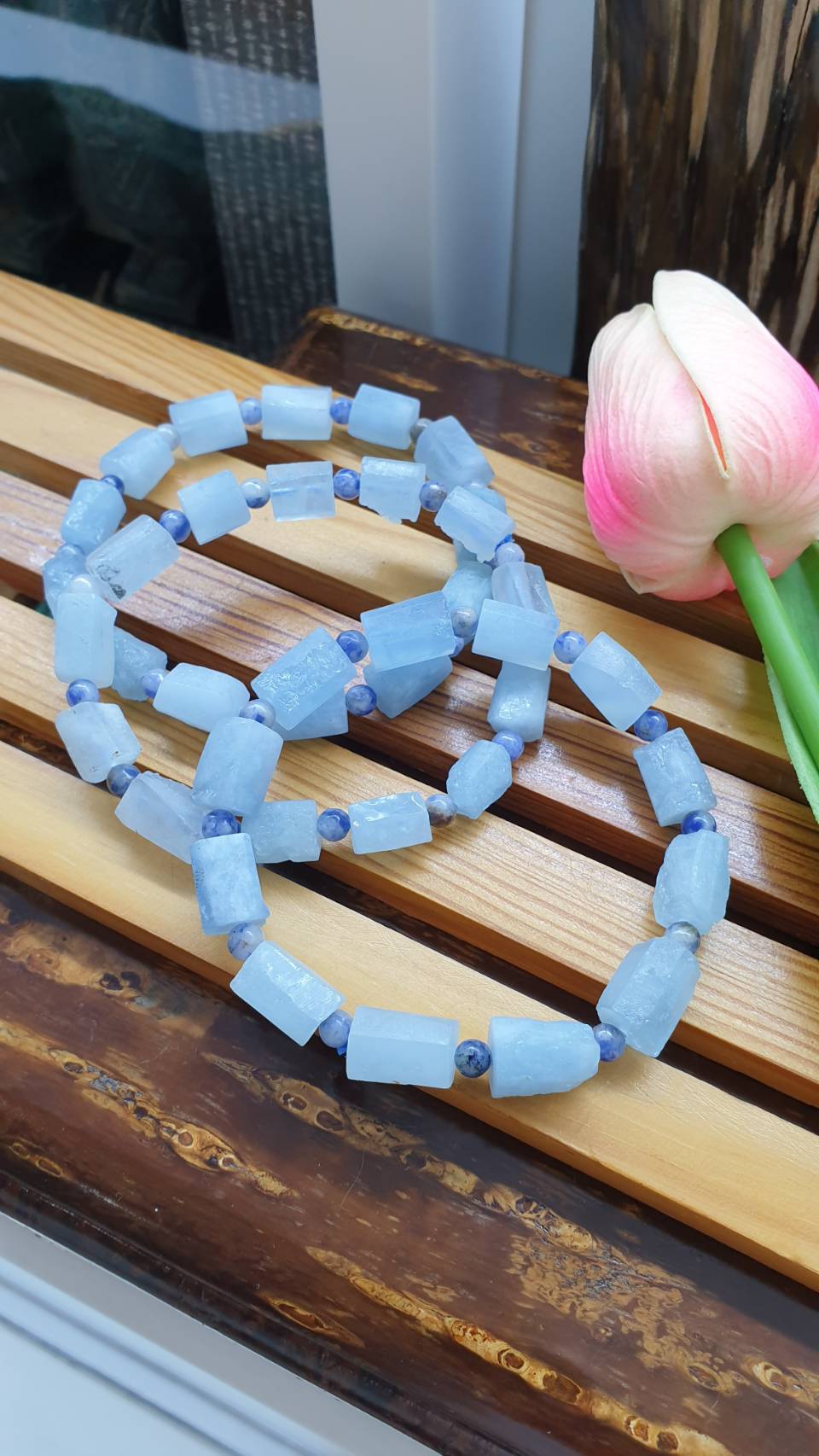 Aquamarine Stretch Bracelets 17cm, Natural Gemstone Rugged Cylinder Beads