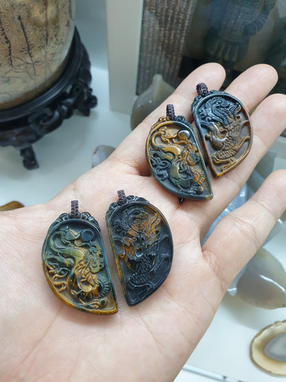 Dragon & Phoenix Paired Pendants | Natural Tiger's Eye Stone | Handwoven Thread Bail
