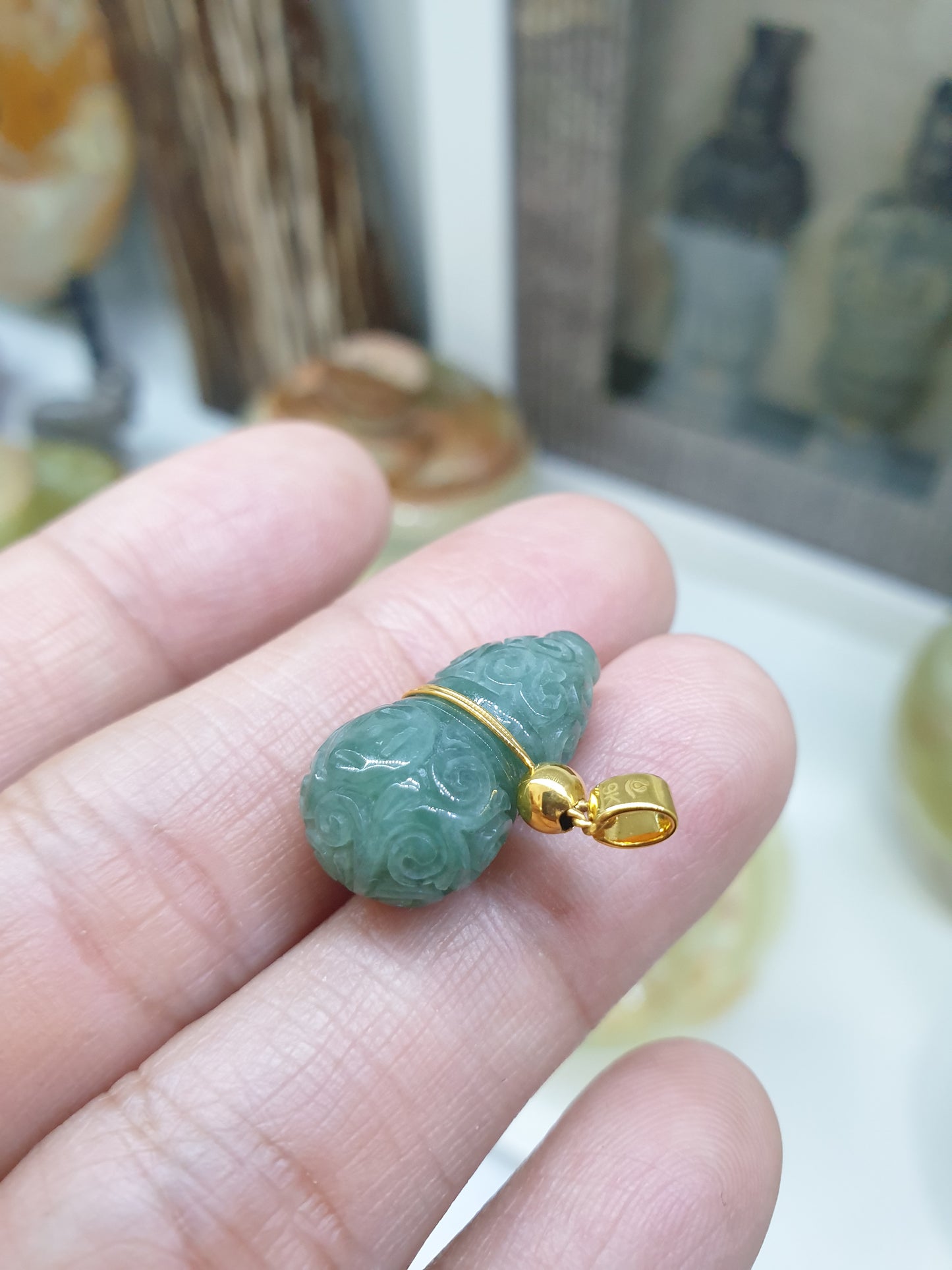 Jade Wu Lou Pendant | 9K Gold & Fei Cui - Type A Jadeite | Lucky Charm Jewelry