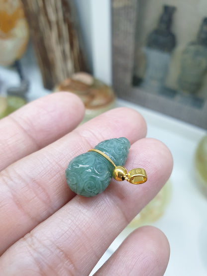 Jade Wu Lou Pendant | 9K Gold & Fei Cui - Type A Jadeite | Lucky Charm Jewelry