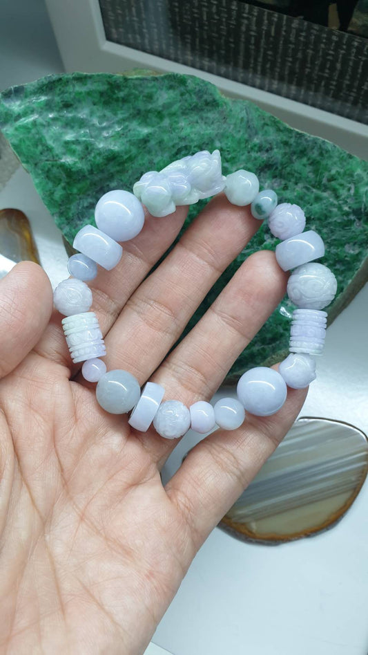 Natural Lavender Jade Pixiu  17cm Bracelet Signature Style Type A Jadeite