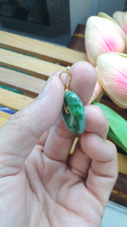 18K Gold Jade Ping An Kou Pendant Natural Green Type A Myanmar Jadeite
