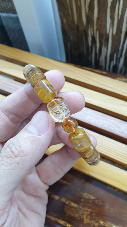 Citrine Wealth Bracelet 17 cm - Natural Gemstone Pixiu, Cylinder Beads