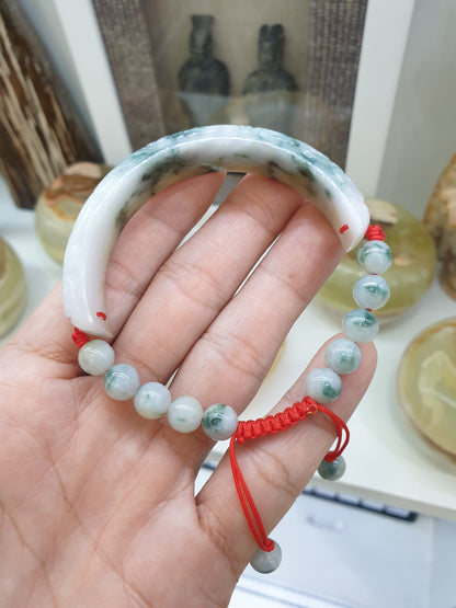 Jade Floral Half Bangle Red Thread Bracelet (Adjustable) | Fei Cui - Type A - Jadeite