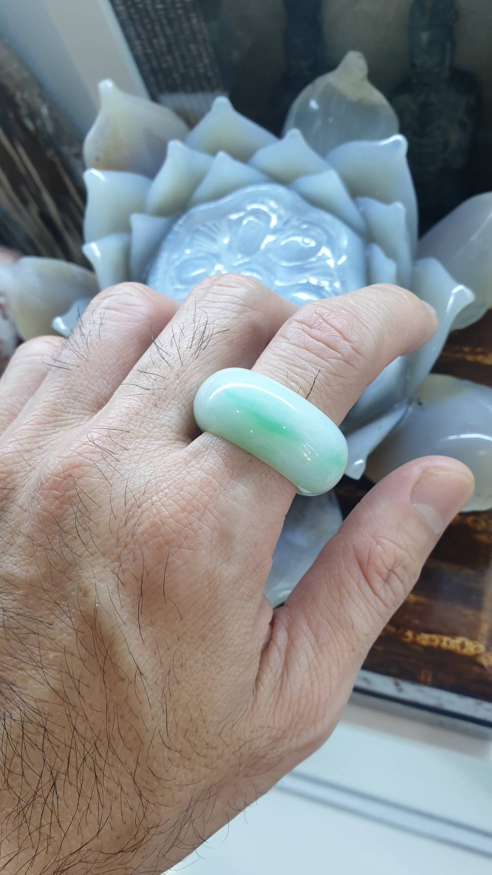 Type A Natural Jadeite Moss in Snow Domed Ring - US Size 12