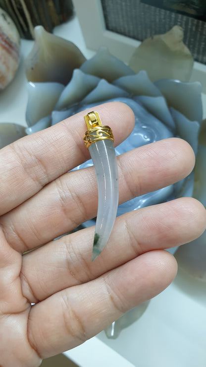 18K Gold & Icy Jade Tiger Fang Pendant | Fei Cui Type A Jadeite | His or Hers Statement Jewelry