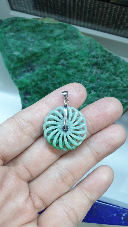 Jade Ventilator Sterling Silver Pendant Type A Green Jadeite Natural Two Tone