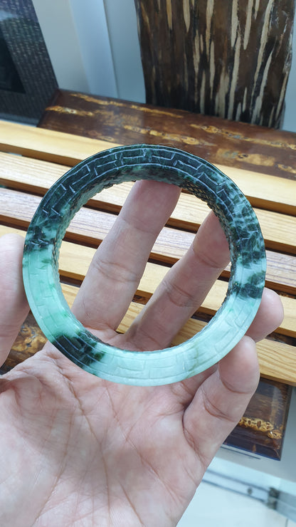 Jade Ru Yi Bangle S59 Two Tone Green Type A Myanmar Natural Jadeite