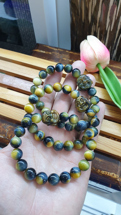 Tiger Eye Happy Buddha Prosperity Bracelets 17cm - Natural Stone Beads