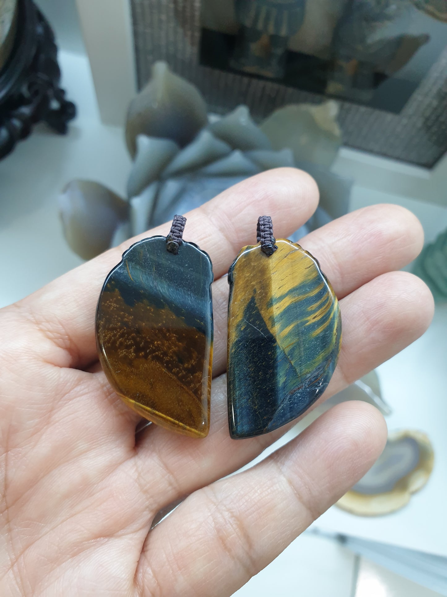 Dragon & Phoenix Paired Pendants | Natural Tiger's Eye Stone | Handwoven Thread Bail