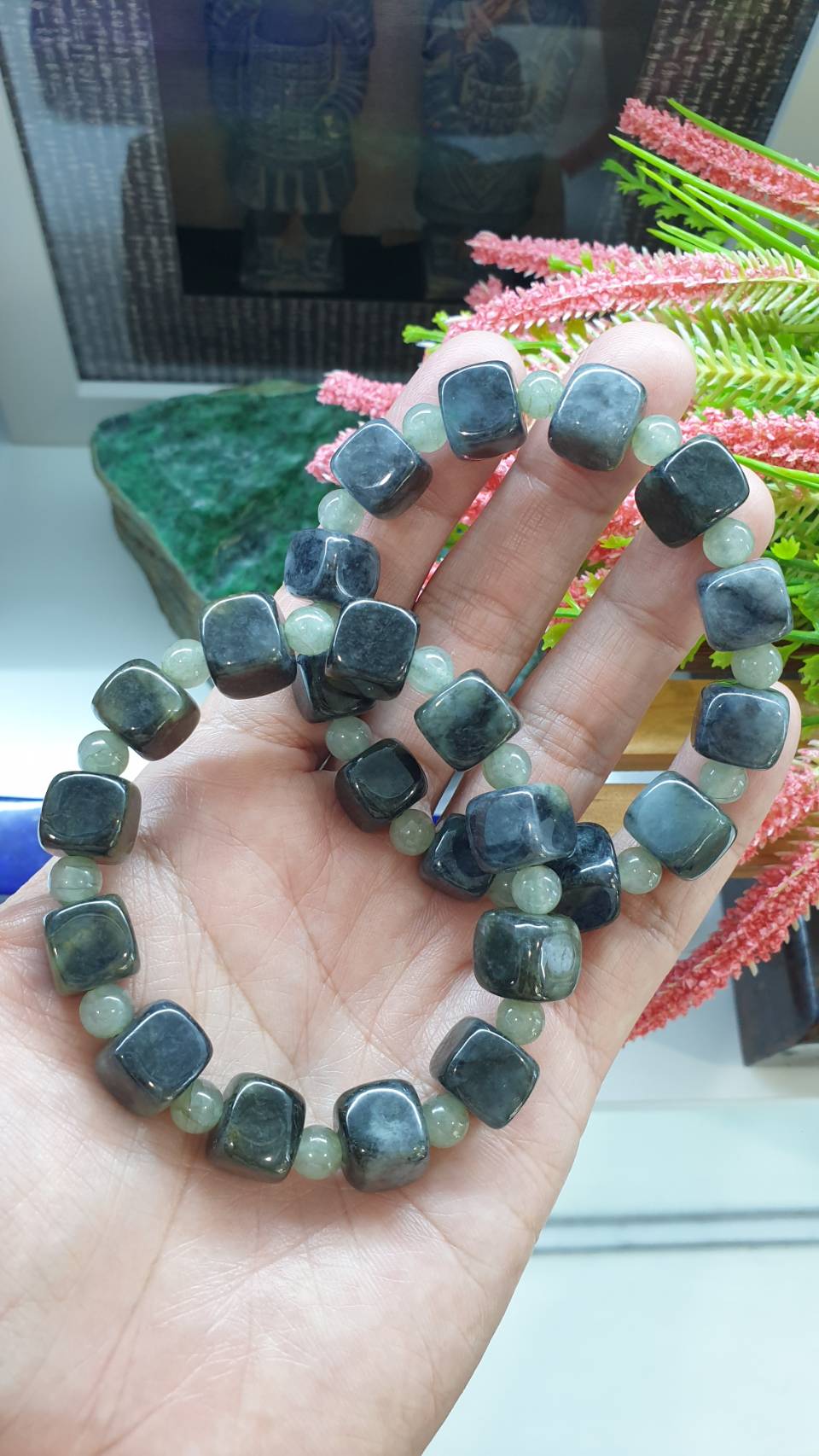 Cube Mabled Black Jade Bracelet 17cm Type A Natural Jadeite Spaced Beads