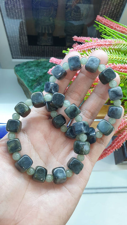 Cube Mabled Black Jade Bracelet 17cm Type A Natural Jadeite Spaced Beads