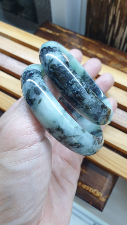 Paired Jade Bangles S59 Type A Blue Green Jadeite Lavender Tone