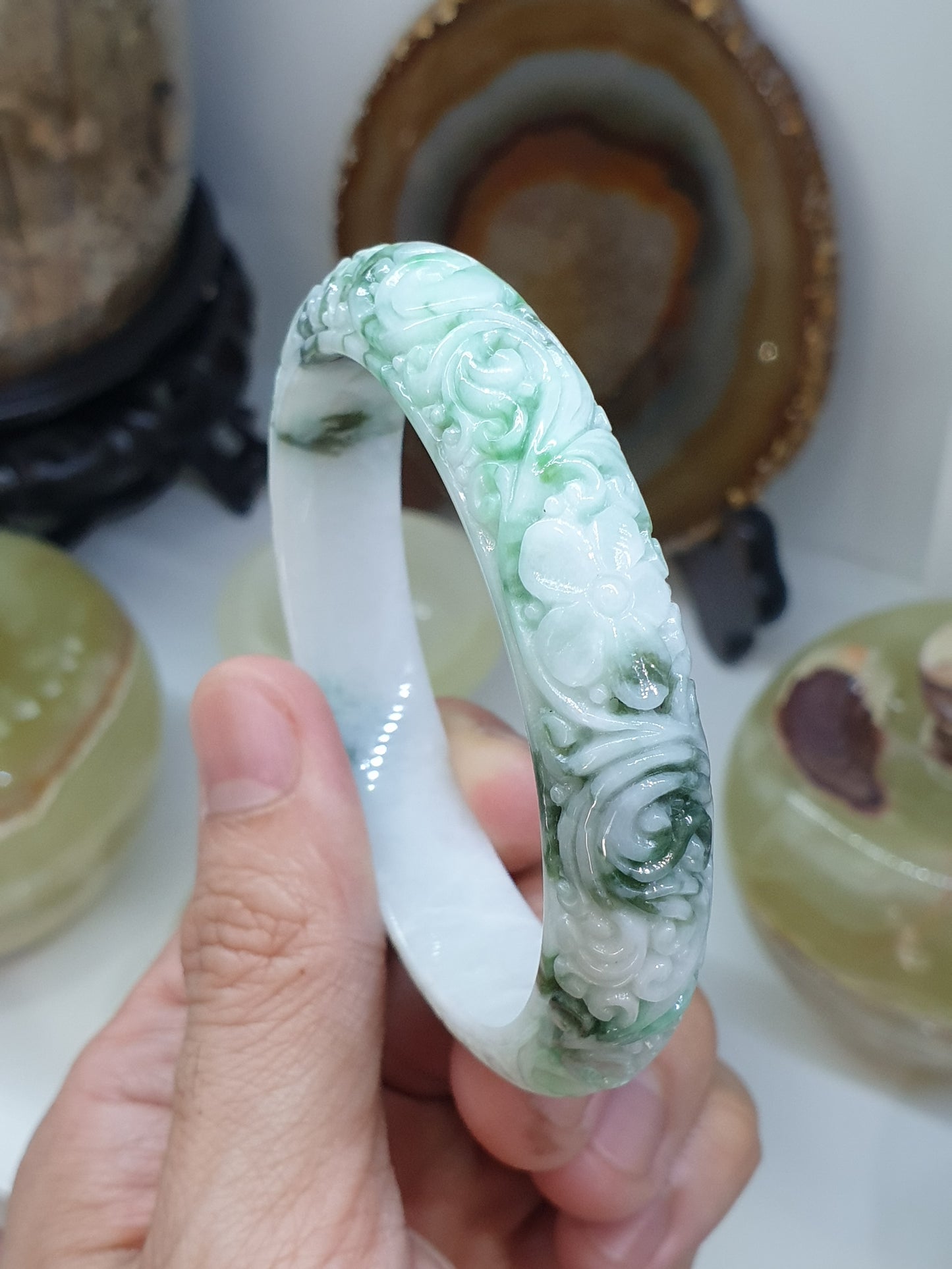 Carved Jade Floral Bangle S58.5 Type A Burma Jadeite Natural Moss in Snow