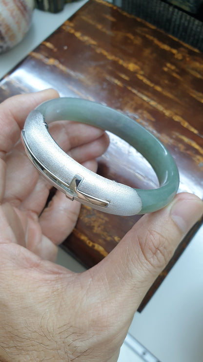 Elegant Cross on Jade Bangle (S 56 - 57) | Fei Cui Type A Jadeite & Sterling Silver | Statement Wrist Accessory