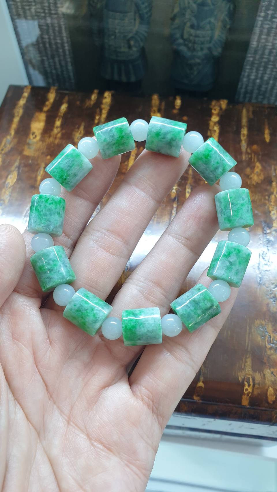 Jade Cylinder Beads Bracelets (18 cm) | Mottled Green, Type A Natural Jadeite | His or Hers Wrist Accessories